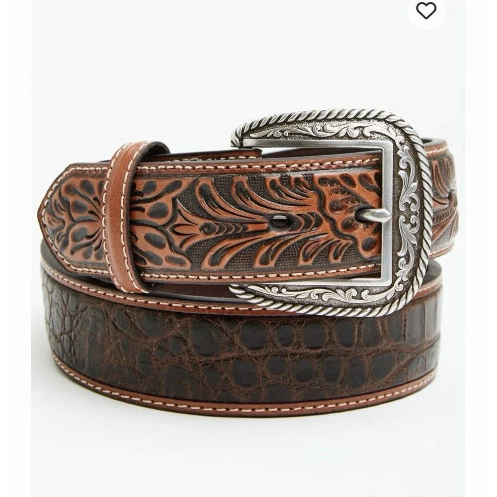 NWOT Try On ARIAT Men's Croc Floral Tabs Leather Belt Size 42 Western Cowboy